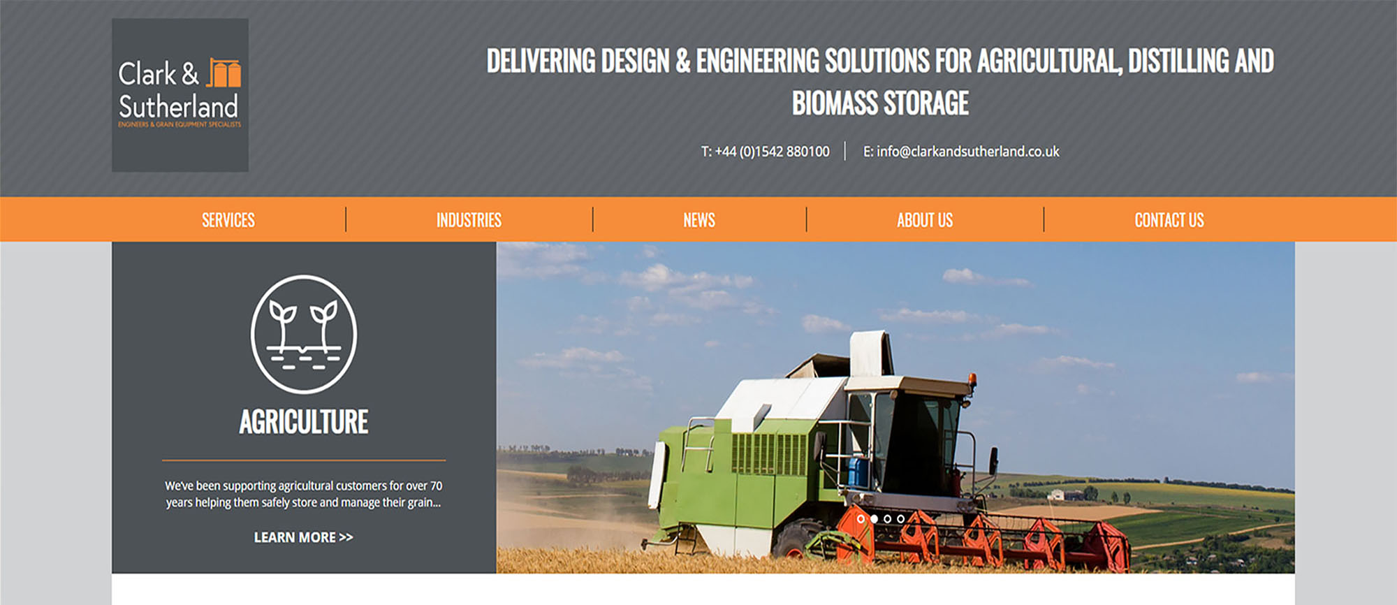 Screenshot of our new website featuring image of combine harvester